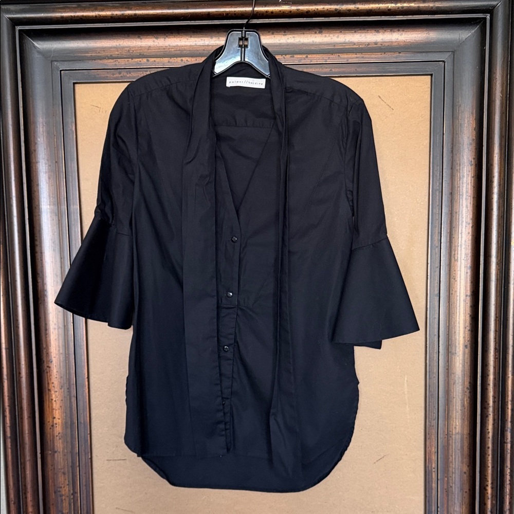 Palmer Harding Chic Black Cotton Blouse with Flared Sleeves and Tie